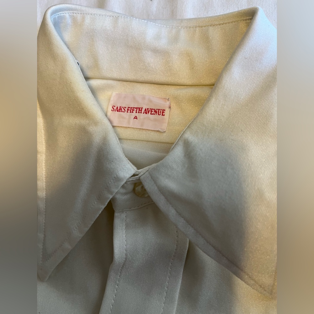 Saks Fifth Avenue Vintage Disco Era white stretch polyester button down shirt